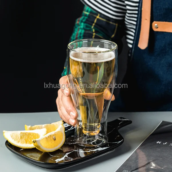 رأسا على عقب البيرة كوب زجاجي مزدوج الجدار ، زجاجة بيرة Longneck مزدوجة الجدران ، زجاجة بيرة مقلوب البورسليكات