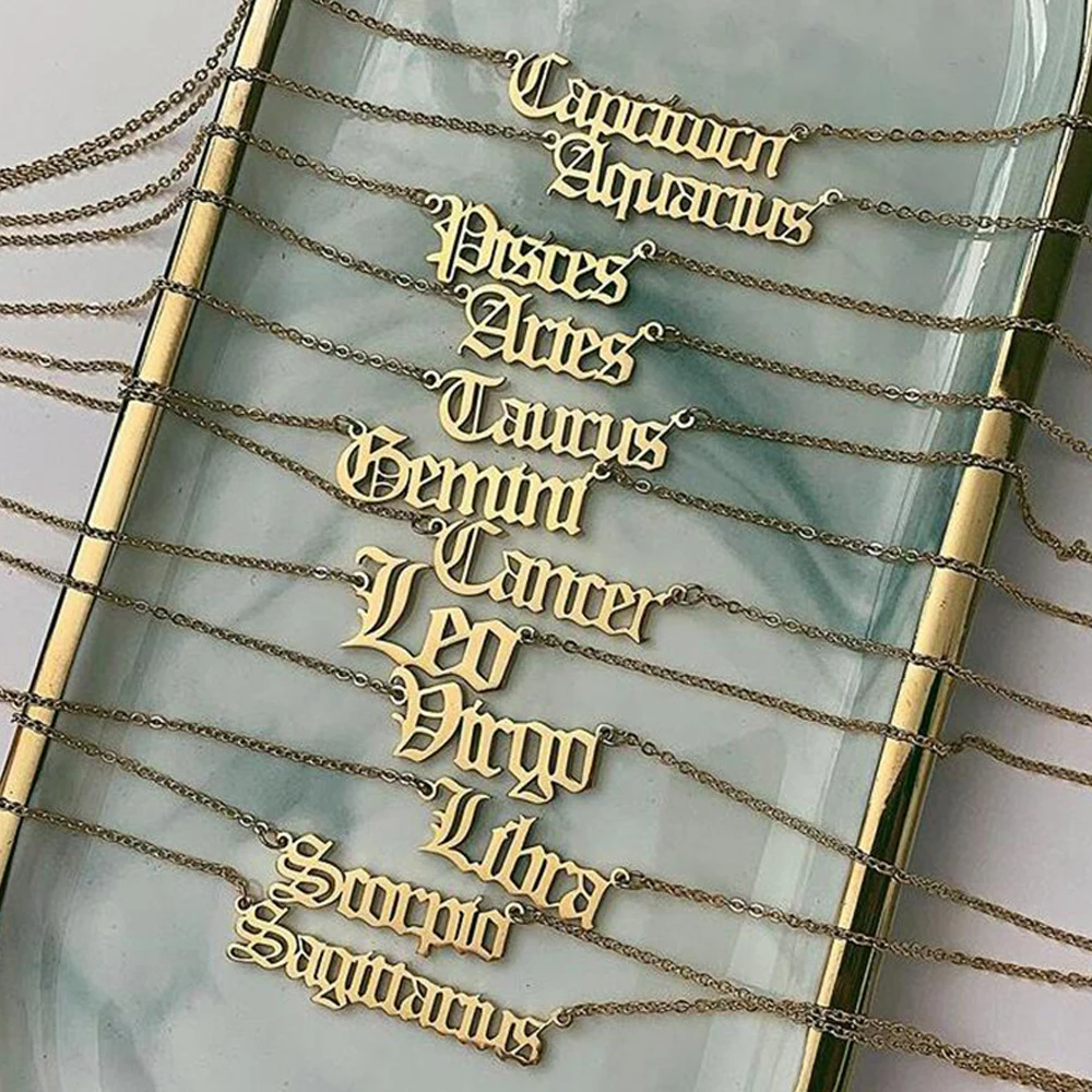 

Custom Stainless Steel Old English Font 18k Gold Plated Horoscope 12 Zodiac Sign Pendant Chain Necklace Jewelry for Women, Silver/gold/rose gold