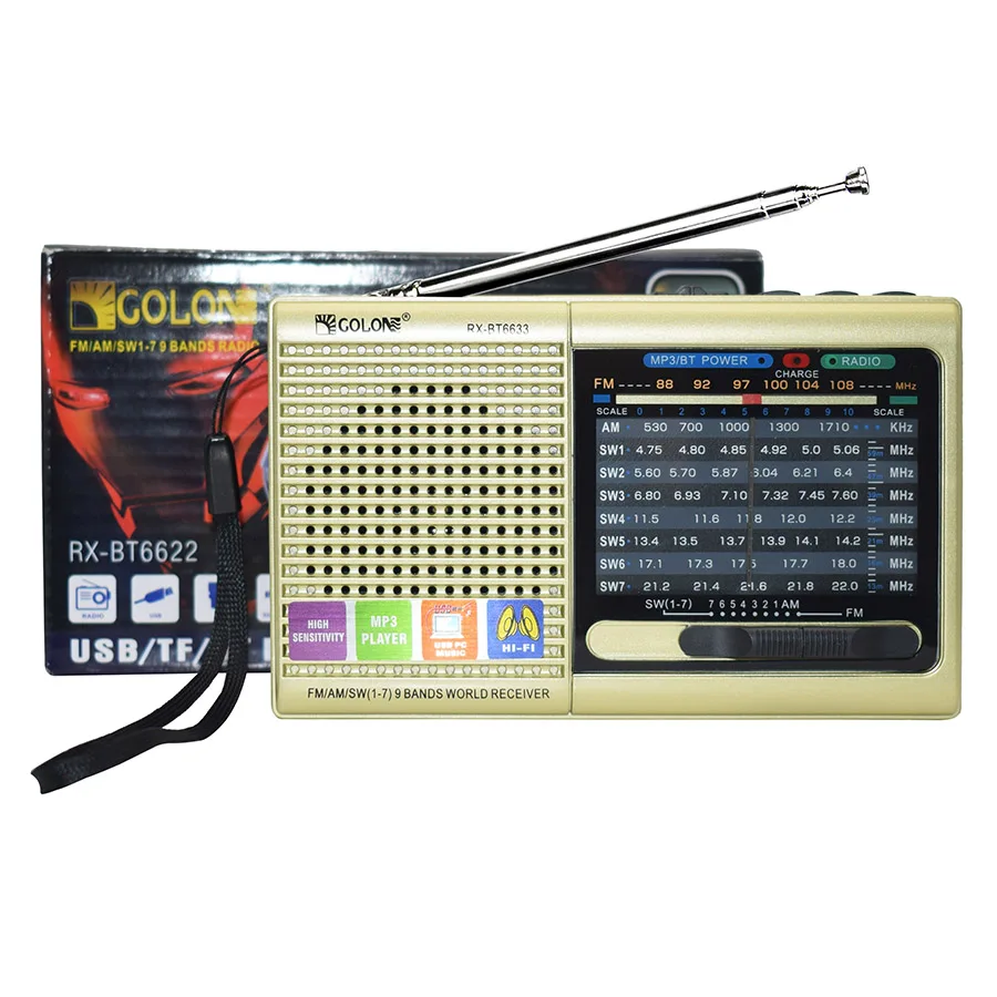 

Factory Golon RX-BT6633 Radio High Reception Multiband Shortwave World Receiver with USB Music Player Wireless Loudspeaker, Gold, red
