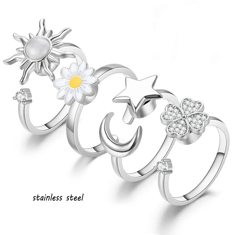 

G1789 Stainless Steel Ring Jewelry Relief Stress Rotatable Four Leaf Clover Flower Sun Moon Fidget Spinning Ring Anxiety