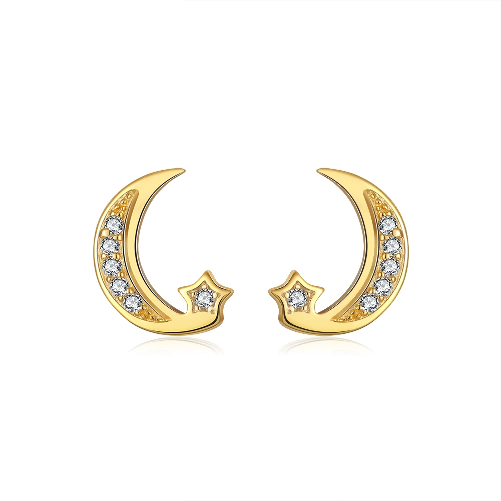 

RINNTIN APE17 Fashion Korean moon star stud earrings CZ zircon 925 sterling silver 14k gold plated earrings jewelry women