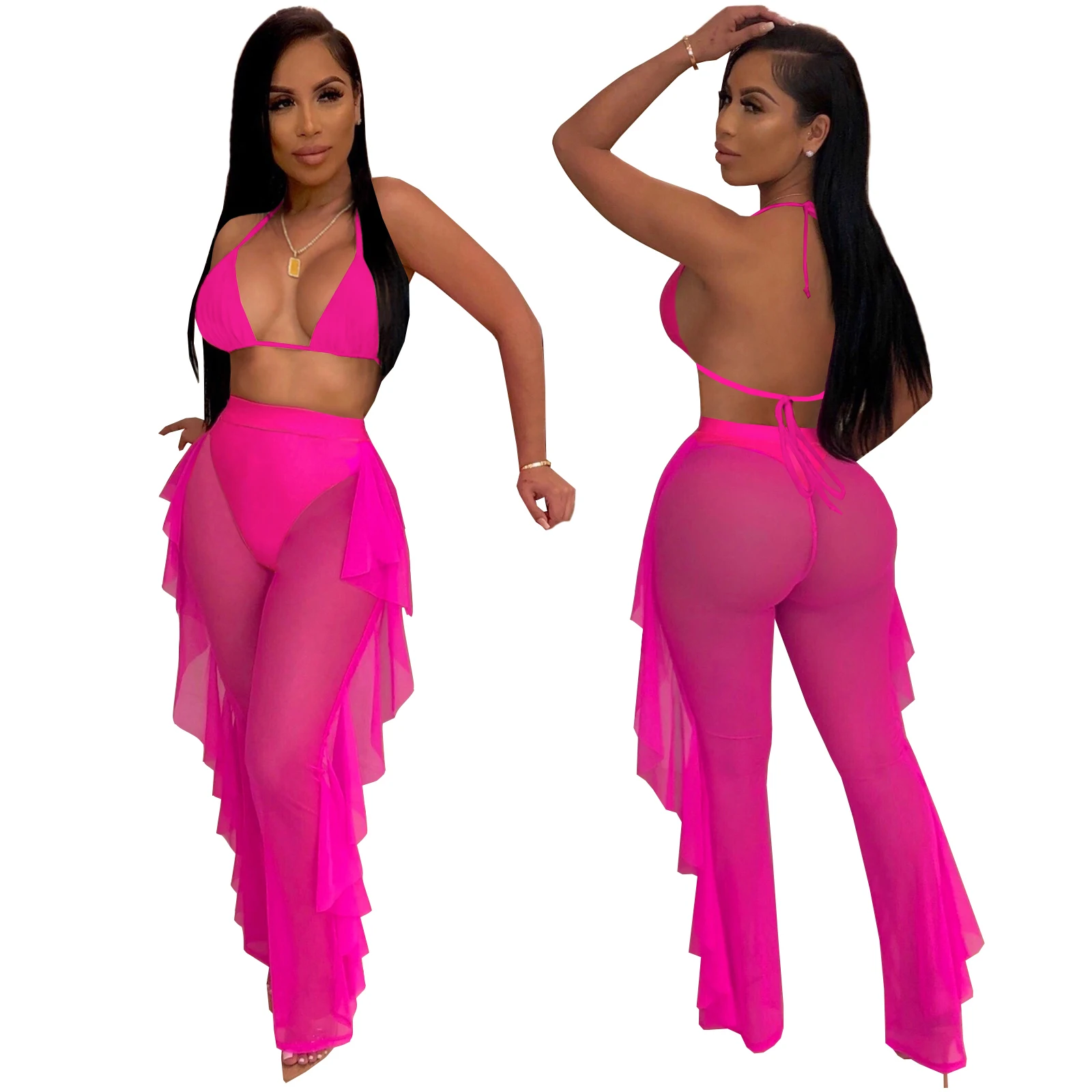 

women see through two piece beach set backless two piece mesh set