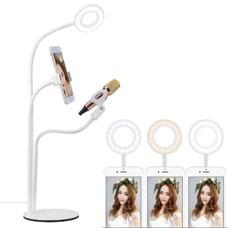 

Universal Cell Phone Holder Bracket 3 Color Light Adjustment Selfie Ring Light with Microphone Clip