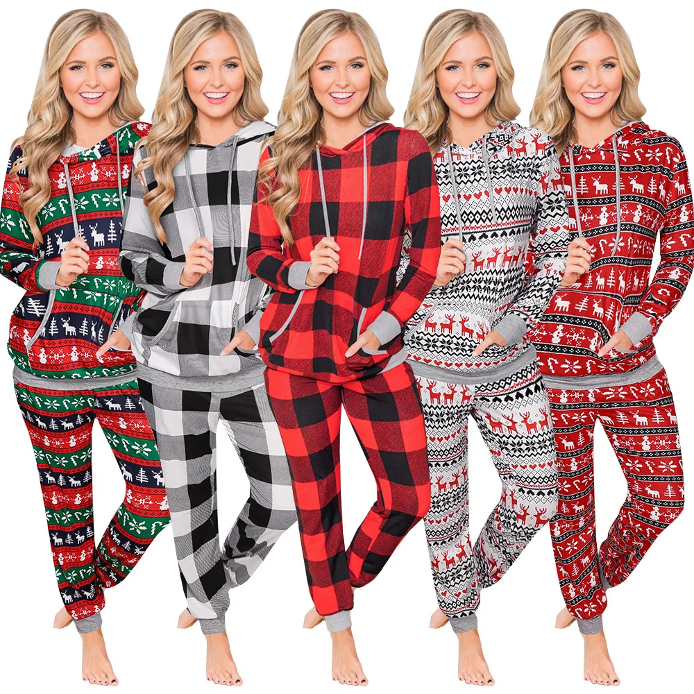 

2020 high quality Set Colour Blocking Christmas Printed Pajamas Set Women 2 Piece