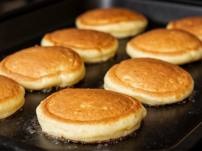 Golden pancakes bubbling on preheated griddle