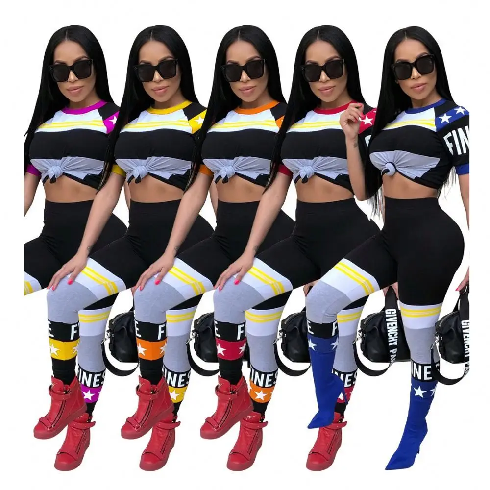 

Wholesale Patchwork Color Short Sleeve Crop Top And Skinny Pants 2 Piece Set Jogging Suit Sexy Sports Women Tracksuit, As pictures showed