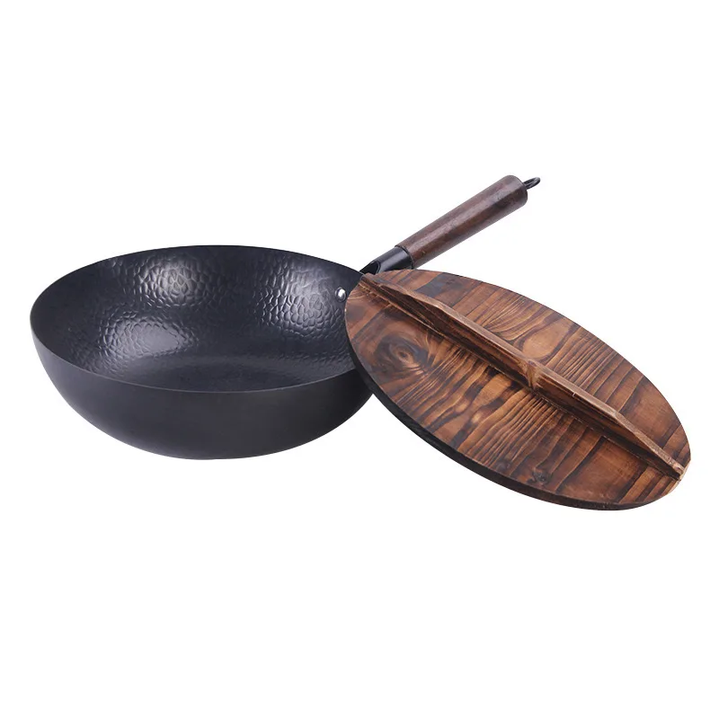 

Amazon hot sale Hand made Carbon Steel Wok Pan with Wooden Lid for Electric, Induction and Gas Stoves