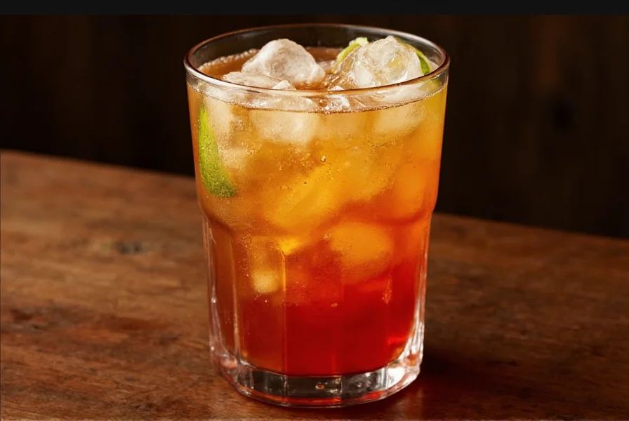 Dark n Stormy cocktail in highball glass with lime garnish and ginger beer bubbles