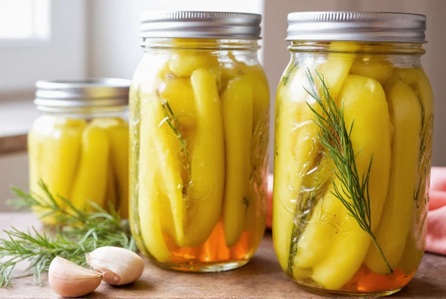 Homemade pickled wax peppers in mason jars with garlic cloves and dill sprigs