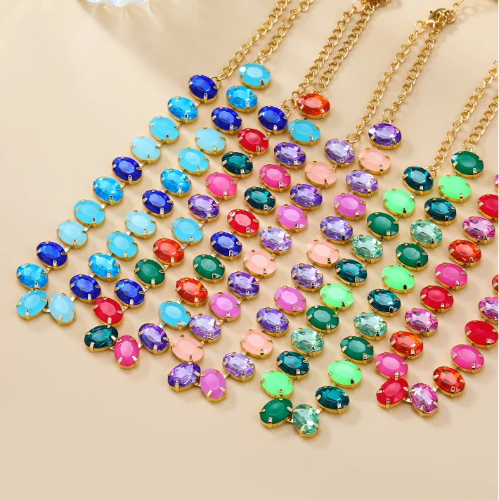 

Multicolor luxury round glass drill chain Necklace Earrings For Women crystal Rhinestone Earrings Wedding Bride Jewelry Set