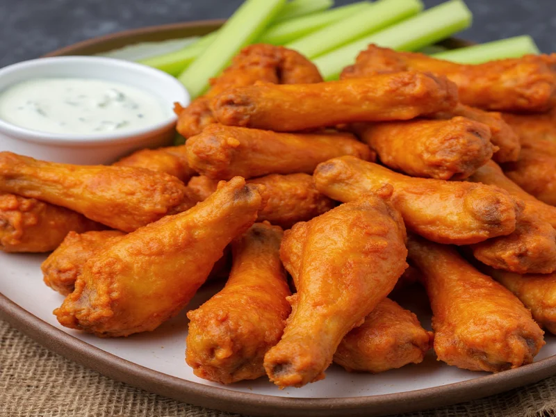 Buffalo wings served with celery sticks and blue cheese dressing