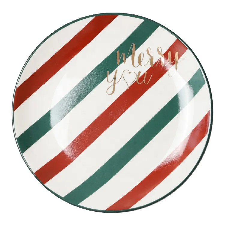 

Custom logo creative design Christmas 8 inch red / green stripe ceramic steak fruit breakfast plate with gold rim