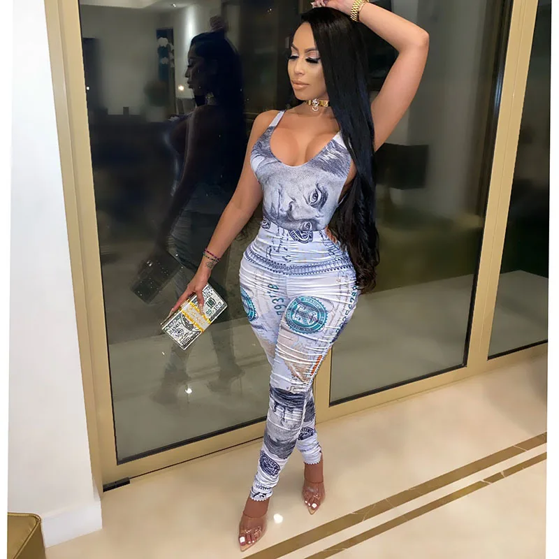 

Backless women slim fit money print dollar digital print stretch Jersey europe sleeveless jumpsuit, Customized color