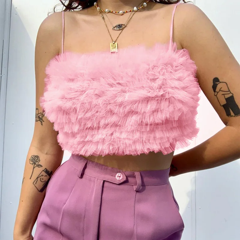 

2021 summer INS stylish tinny straps zipper pink fluffy mesh pleated wrap Corset tube camisole tops women