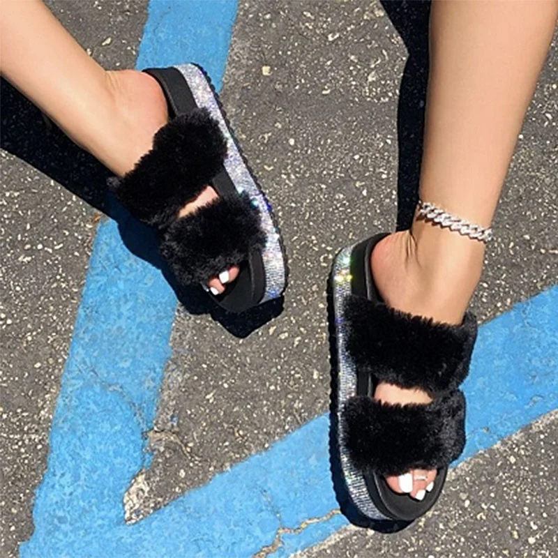 

Women Pure Color Slip on Slippers Ladies High Heel Mink Pink Double Strap Faux Rhinestone Fur Platform Sandals, Black, blue, pink, peach