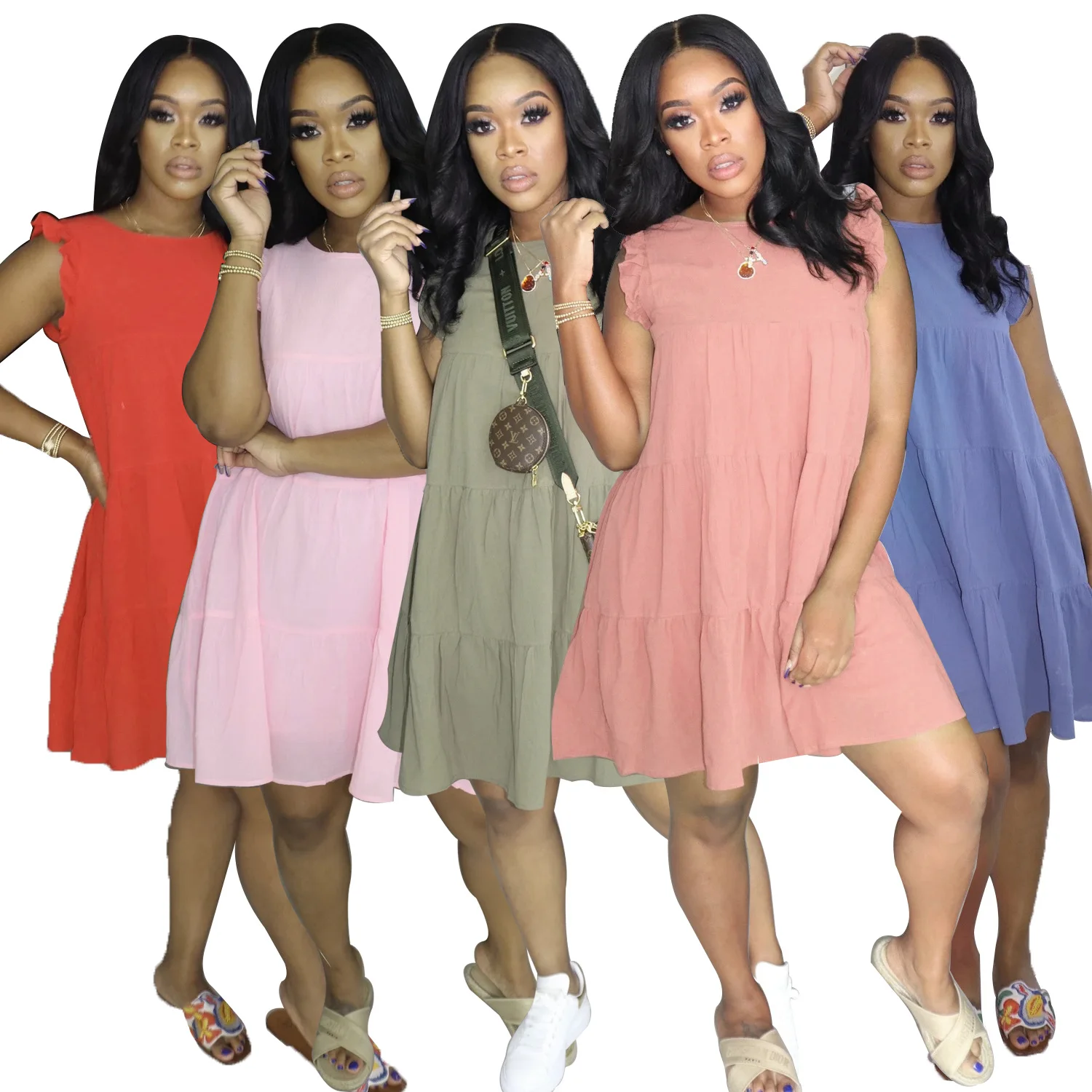 

Summer 2021 solid color summer dress sleeveless loose women dresses mini casual dresses