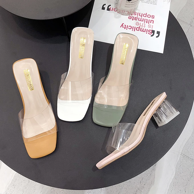

Mid heel transparent ladies slippers 2020 wholesale clear pvc strap slippers