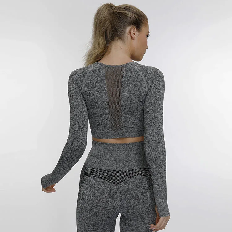 

2021Breathable Quick-drying Long Sleeve Set Ladies Yoga Sports Suit Arc Jacquard Back Hollow Seamless Long Sleeve Fitness Sports