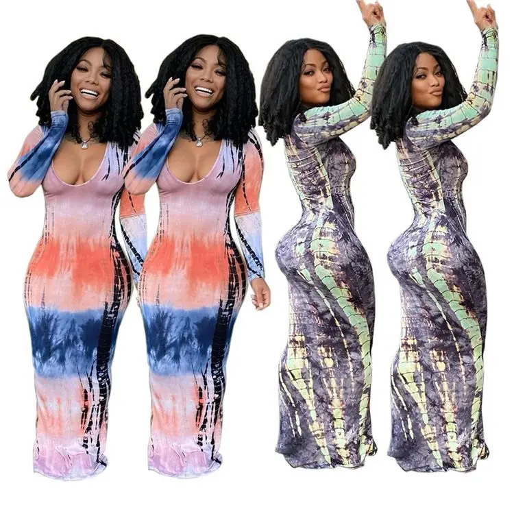 

CATHY Latest Design Long Sleeve Positioning Printing Bodycon Dress Women Stylish Sexy Casual Long Dresses