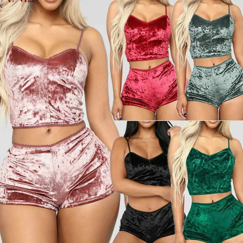 

Fashion Women Velvet Sleepwear Sexy Spaghetti Strap Shorts Pajama Set Ladies Sleepwear, Picture shown