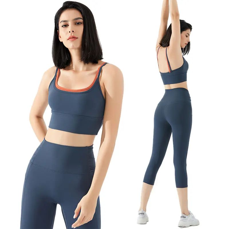 

Custom Logo 2 piece yoga set fitness womens activewear high wasted yoga workout suit sport cropped pants and bra set, Customized colors