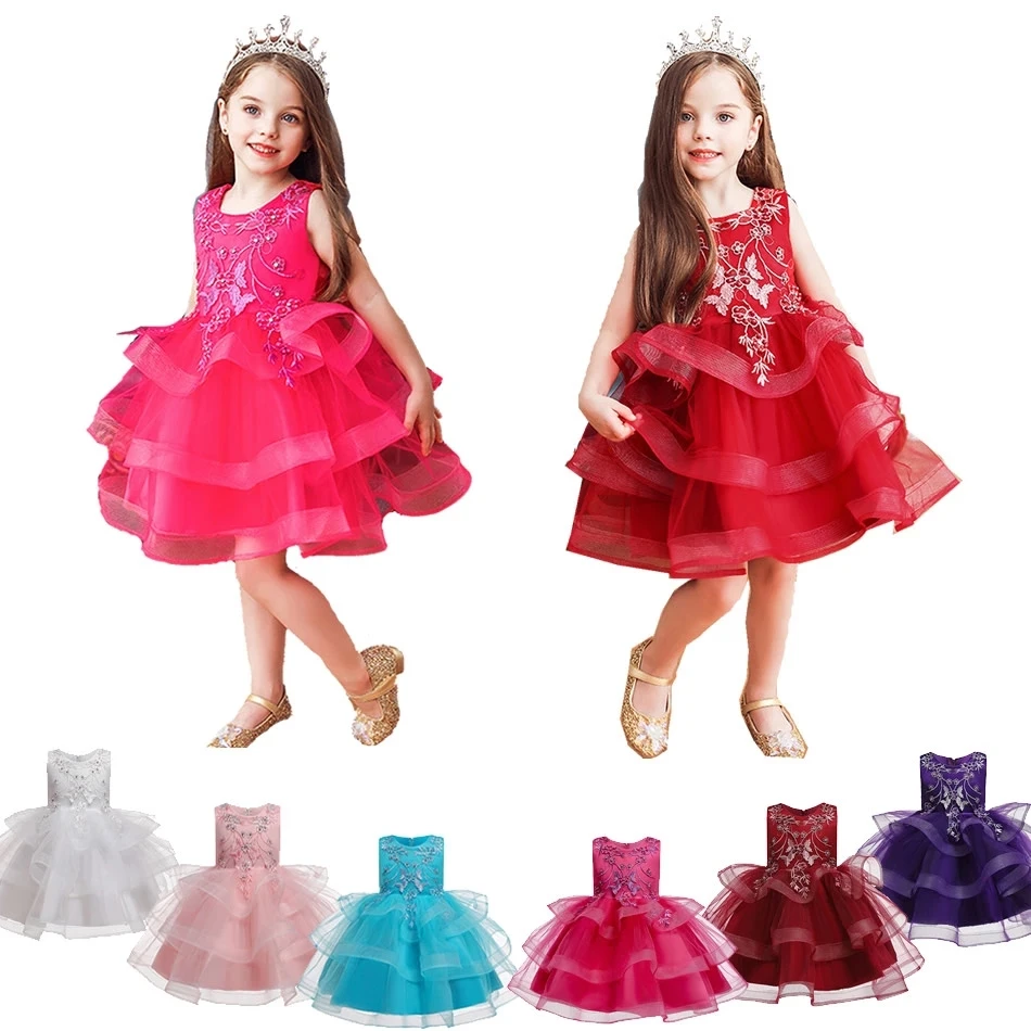 

Baby Girl Party Dress Toddler Summer Sleeveless Ball Gown EveningWedding Flower Girl Tutu Kids Bow Lace Appliques Performing Cos, As picture