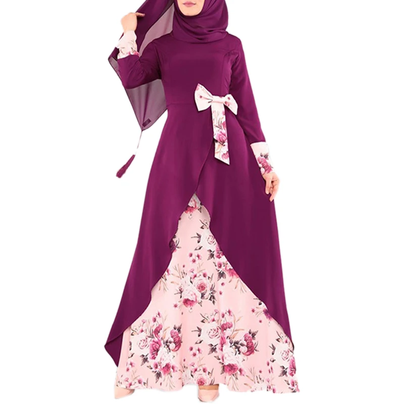 

European and American new style women's dress print stitching long dress middle east silk muslim dress