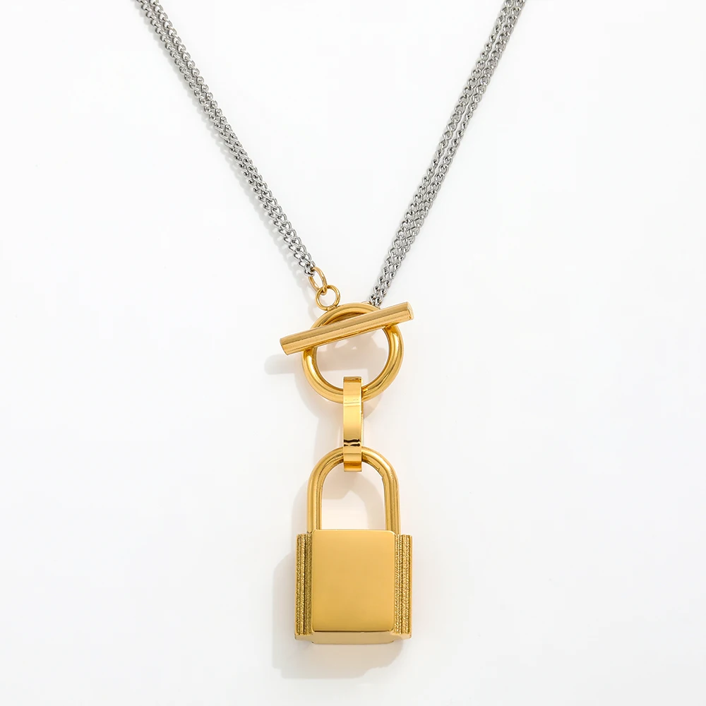 

JOOLIM High End Stainless Steel Padlock Pendant Toggle Steel Color Chain Necklace 18K Gold Plated Jewelry Wholesale