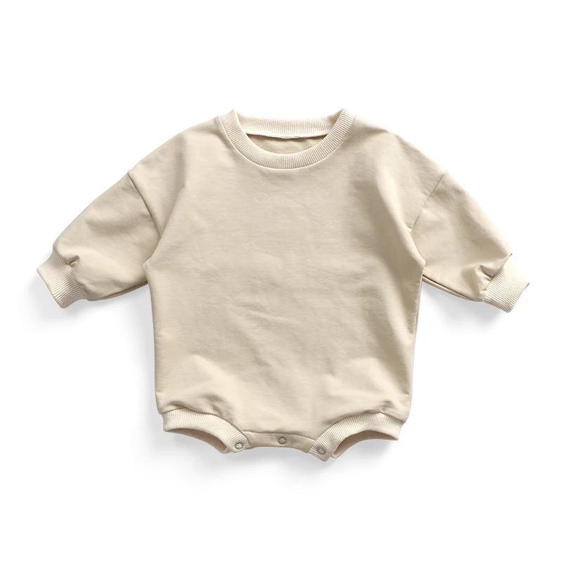 

Cute Long Sleeve Baby Onesie Blank Terry Sweater Fabric Shortall Loose Rib Hem Baby Romper with Snap Button, As picture