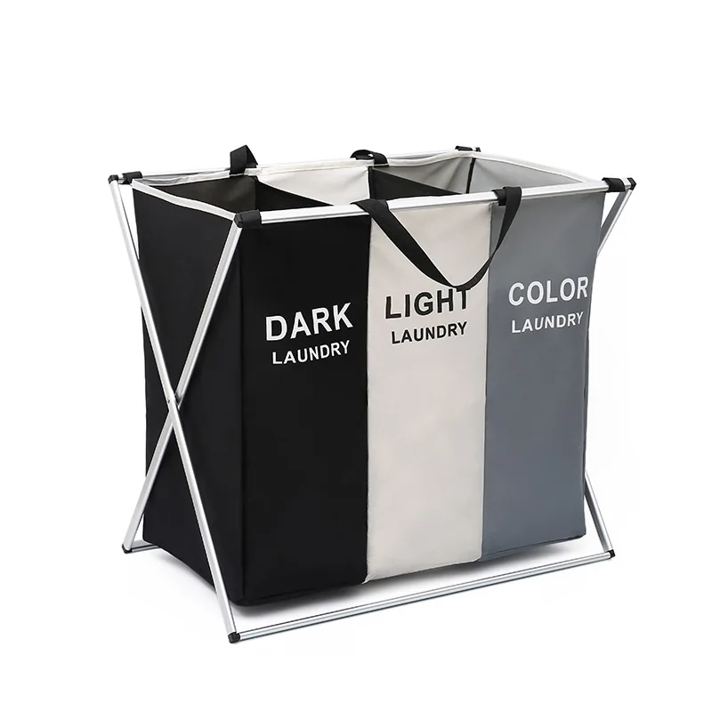 

Amazon 3 Sections Aluminum Frame Durable Dirty Clothes Bag Laundry Hamper Basket for Bathroom Bedroom Home Foldable Oxford, Black+grey+beige or customized