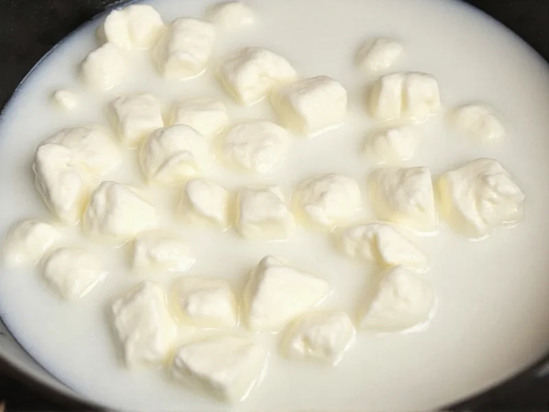 Fresh ricotta curds forming in milk mixture