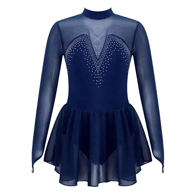 

Kids Girls Stylish Long Sleeve Sparkly Rhinestone Mesh Splice Skating Ballet Dance Dress