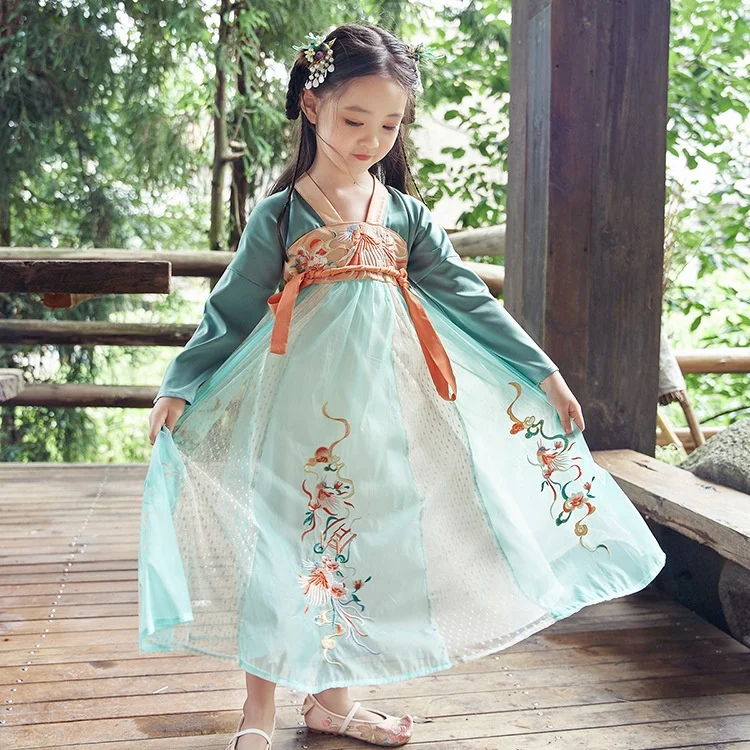 

Wholesale Original Design Kids Cloth 2T-14T Children Costume Embroidered Chinese Traditional Dresses Girl Hanfu Dress, Green