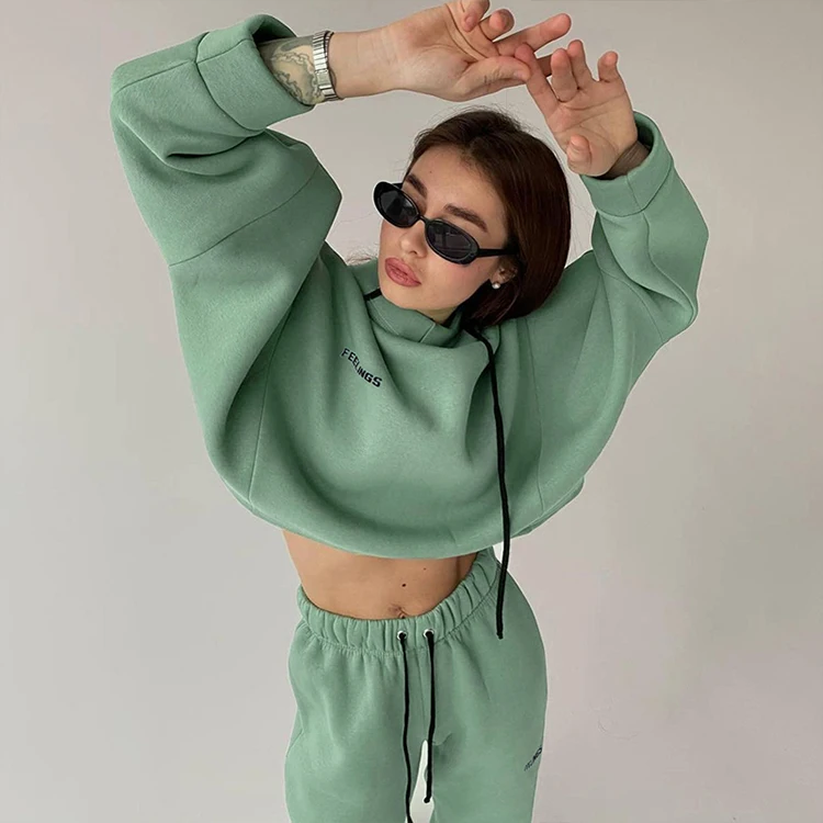 

Wholesale 2 Piece Joggers Outfits Sweat Suit Hooded Sweat Pant Sets Winter Thicken Tracksuit Women Jogging Suits Set, Customized color