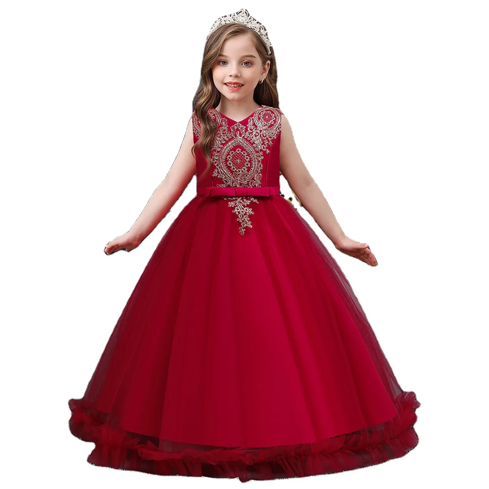 

Korean Red Princess girl wedding dress Embroidered gown for girls multi-layer big girl dresses for birthday party, Red, champagne,dark blue, bean powder