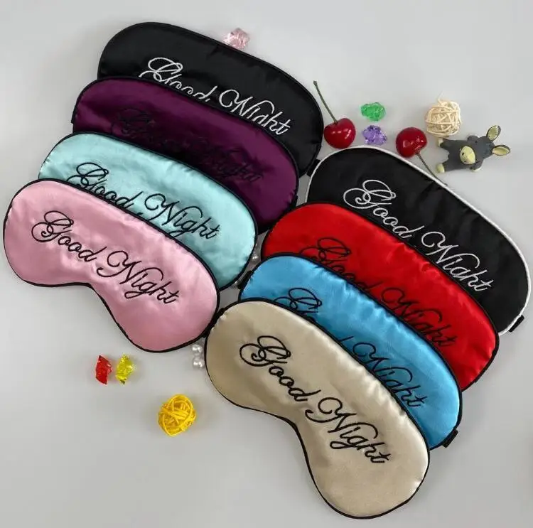 

Amazon Hot Sells Cheap Silky Satin Embroidery Good Night Sleep Eye Mask, Plain color