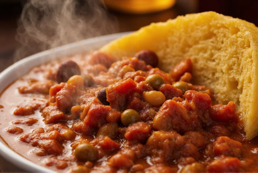 Close-up of steaming chili bowl with golden cornbread wedge beside it, showing texture contrast and steam rising