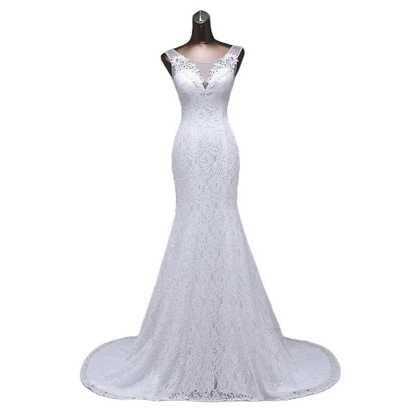

New slim waisted fishtail bridal gown elegant sexy deep V-neck light wedding dress, White