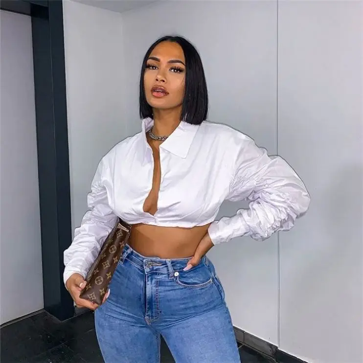 

OSINA Turndown Ladies Crop Tops Blouse Long Sleeve Shirts 2021 Summer Clothes For Women camicetta