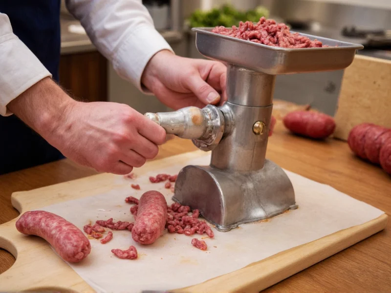 Hand-stuffing sausage into natural casings with grinder