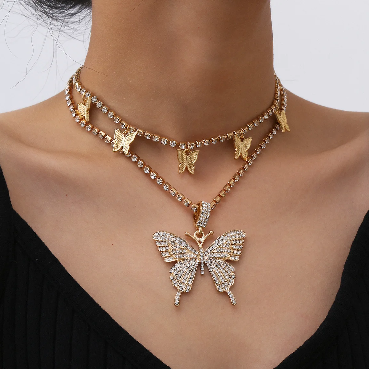 

Cadenas hip hop crystal butterfly pendant full tennis cuban necklace chain 2022 accessoire femme bijoux, Gold/silver