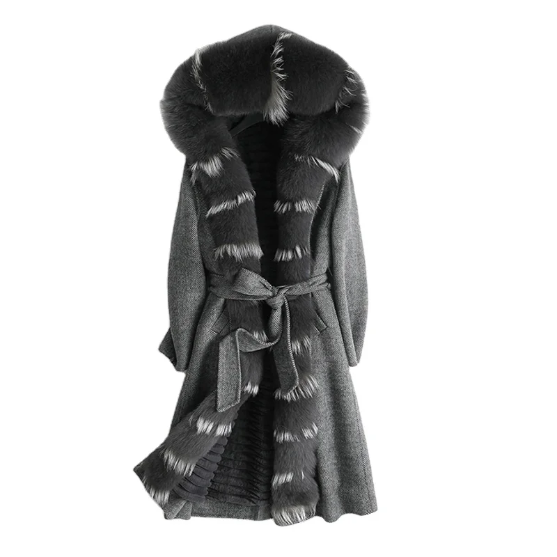 

Women real wool coat lady rabbit fur lining fox fur collar jacket female Fall/Winter fur long outwear ZY18170