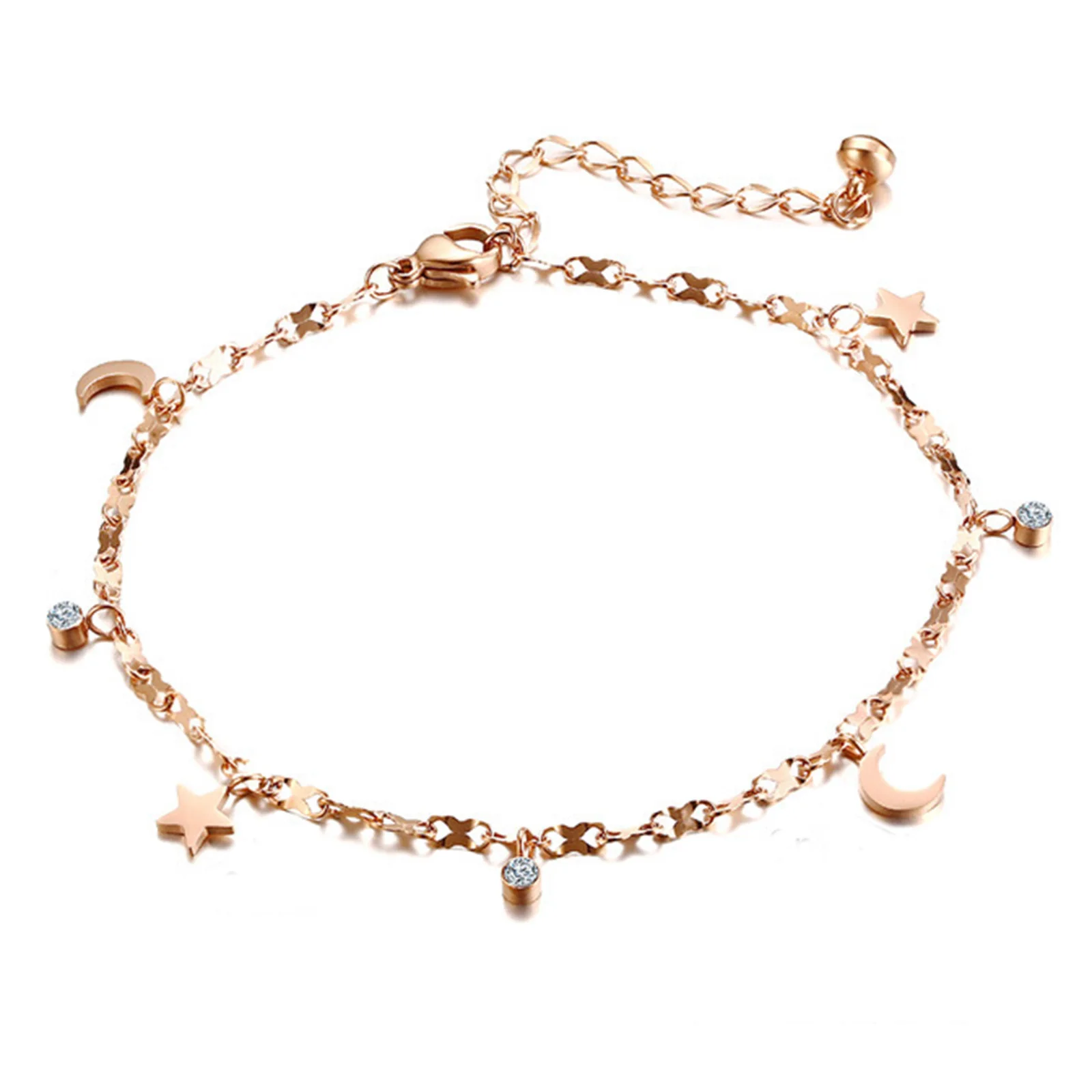 

AKJSF00002-33 Rose Gold Plated Girl's Stainless Steel Link Chain Charm Anklet: Star,Moon,zirconia