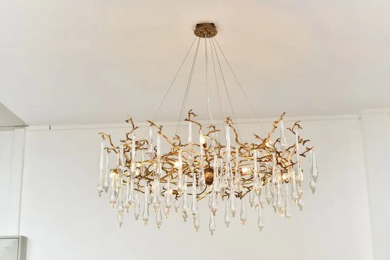 MEEROSEE Luxury Modern Brass Tree Branch Chandelier Crystal Copper Round Hanging Pendant Light Fixture for Home Decor MD87053