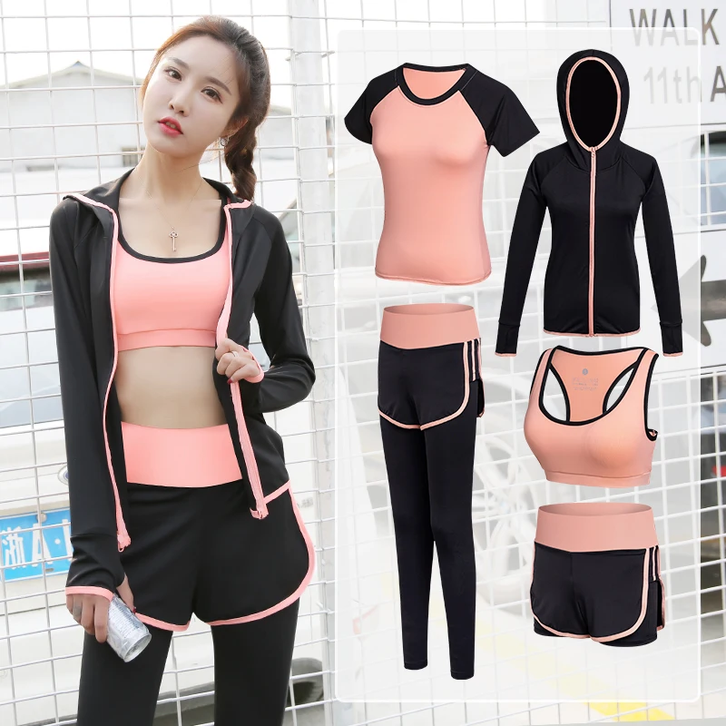 

Womens women 5 pcs yoga set apparel fitness wear shorts tights bra legging pants jacket t shirts sport wear, Customized color