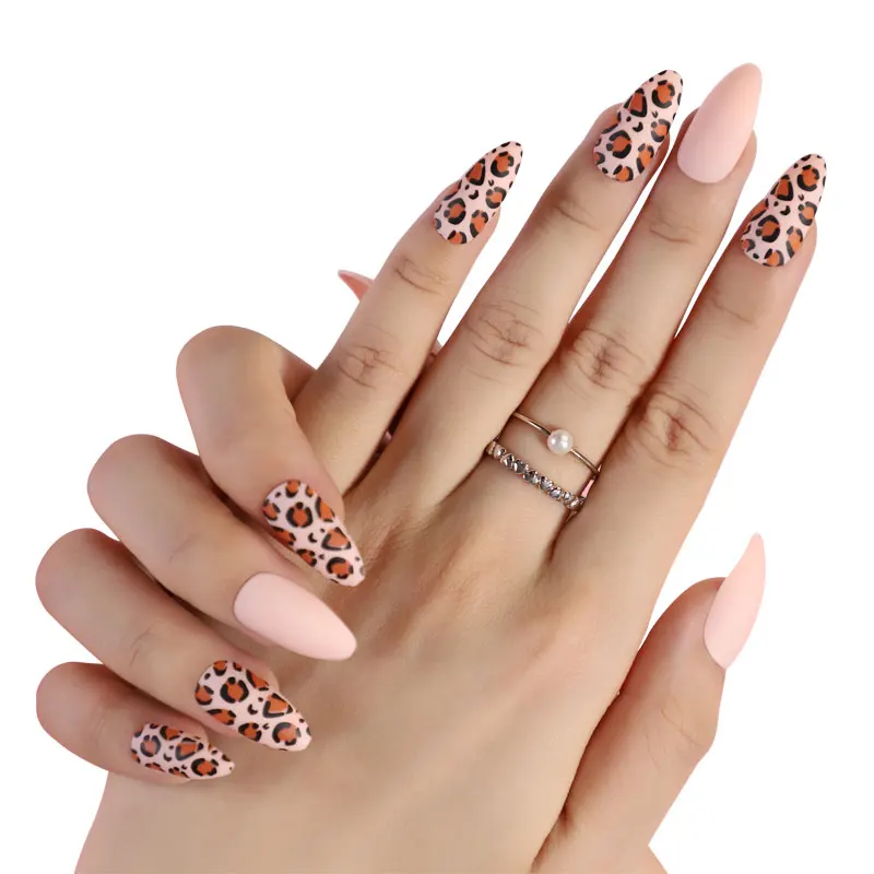 

High Quality Matte Sika Deer Pattern Lovely Almond Design Fake Nails Art Tips Pink Pure Color Reusable Stick On Nails