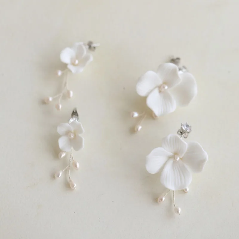 

SLBRIDAL Ins Style Sparkling Zircon Crystal Rhinestones Porcelain Flower Freshwater Pearls Bridal Wedding Earring Women Earrings