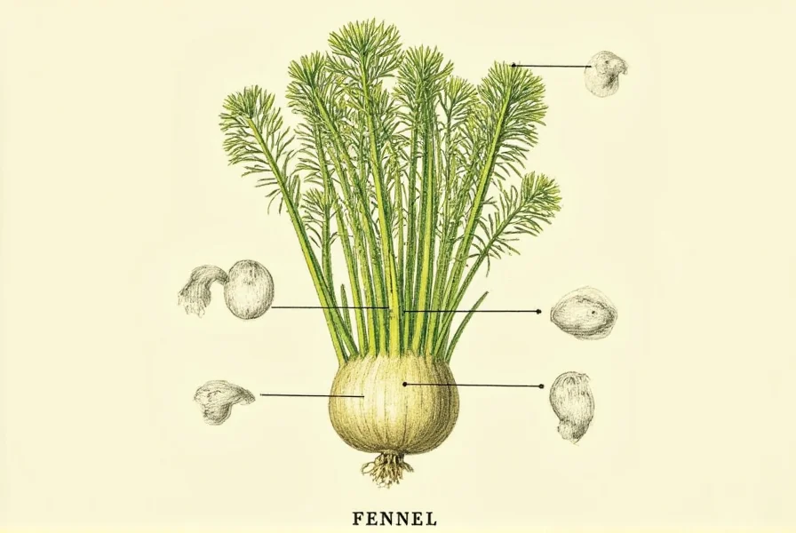 Historical illustration showing fennel plant with labeled parts: bulb, stalks, fronds, and seeds