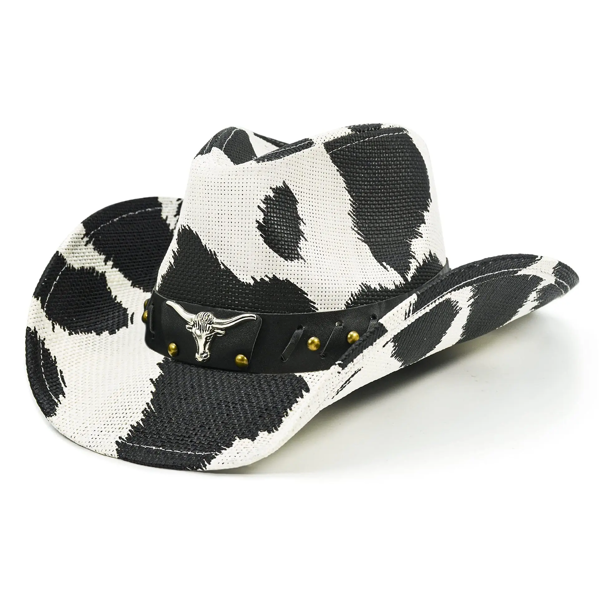 Fashionable Cow Print Cowboy Hat for Women Summer Breathable Woven Straw Western Country Cowgirl Travel Parties Casual Outdoors