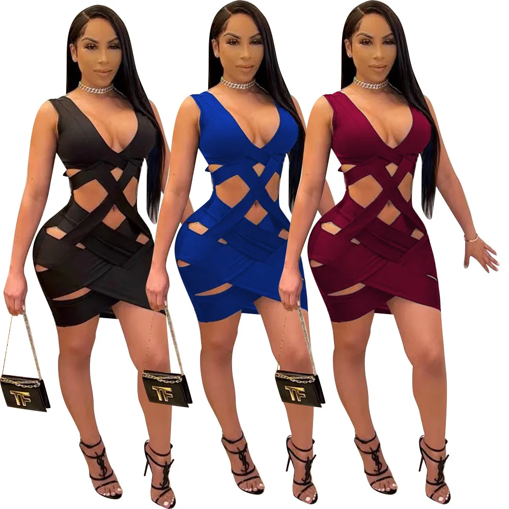 

2021 Plus Size Evening Dresses Ladies Skirt Sexy Women Bodycon Hollow Out Club Wear Mini Clothing Dress